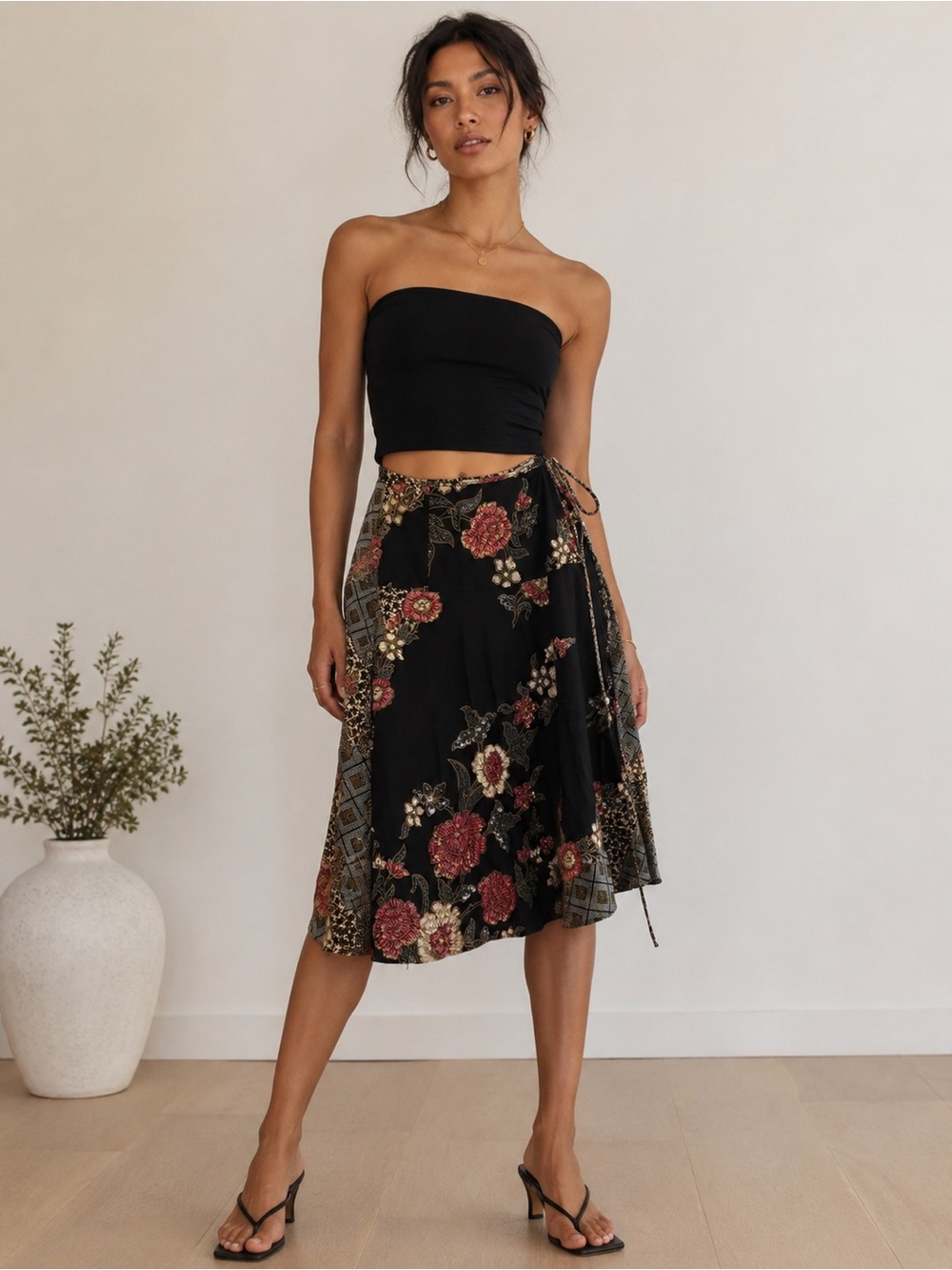 Black Floral Beaded Wrap Midi Cotton Skirt